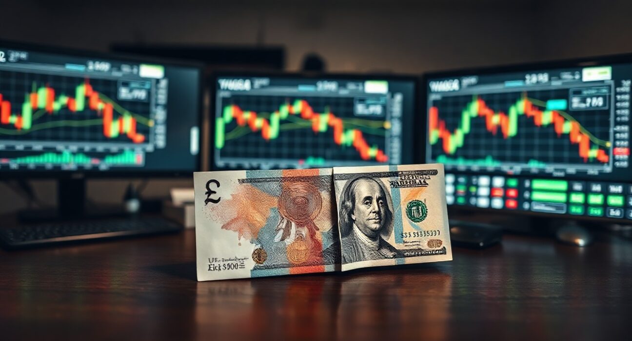 British Pound and US Dollar banknotes on a desk with financial charts in the background