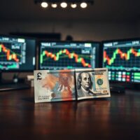 British Pound and US Dollar banknotes on a desk with financial charts in the background