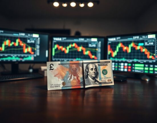 British Pound and US Dollar banknotes on a desk with financial charts in the background