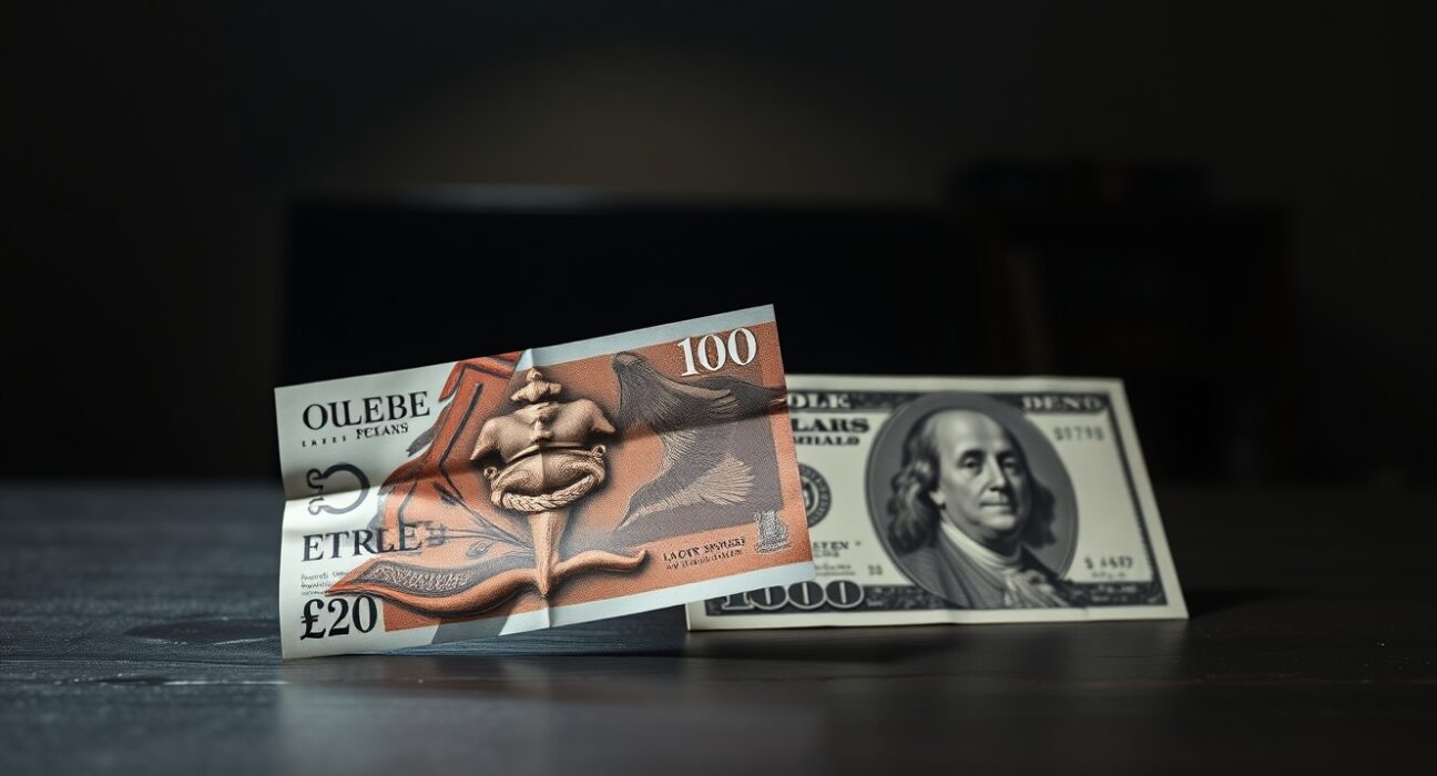 British pound and US dollar banknotes on a dark desk, illustrating currency market tension.