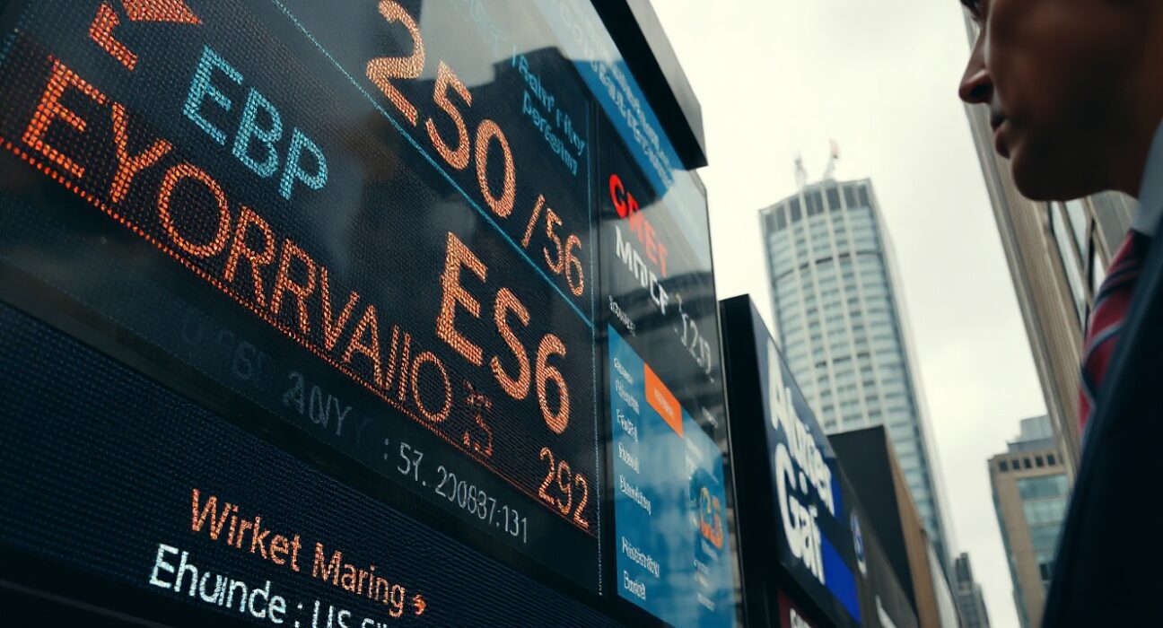 Currency exchange board showing GBP/USD rates with Sterling declining against a strengthening US dollar in a financial district