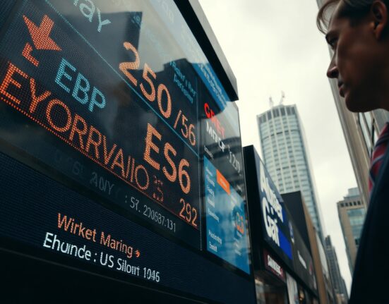 Currency exchange board showing GBP/USD rates with Sterling declining against a strengthening US dollar in a financial district