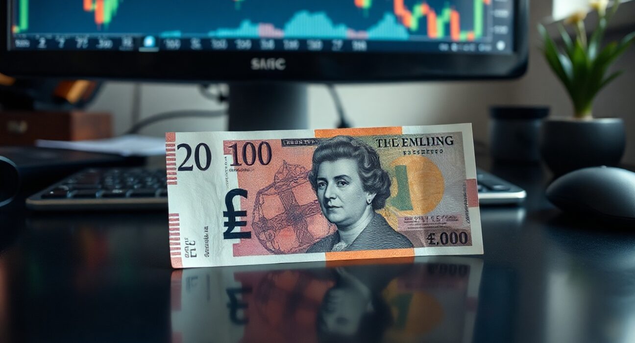 British pound and US dollar banknotes on a financial desk with a trading chart in the background