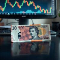 British pound and US dollar banknotes on a financial desk with a trading chart in the background