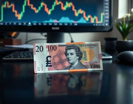 British pound and US dollar banknotes on a financial desk with a trading chart in the background