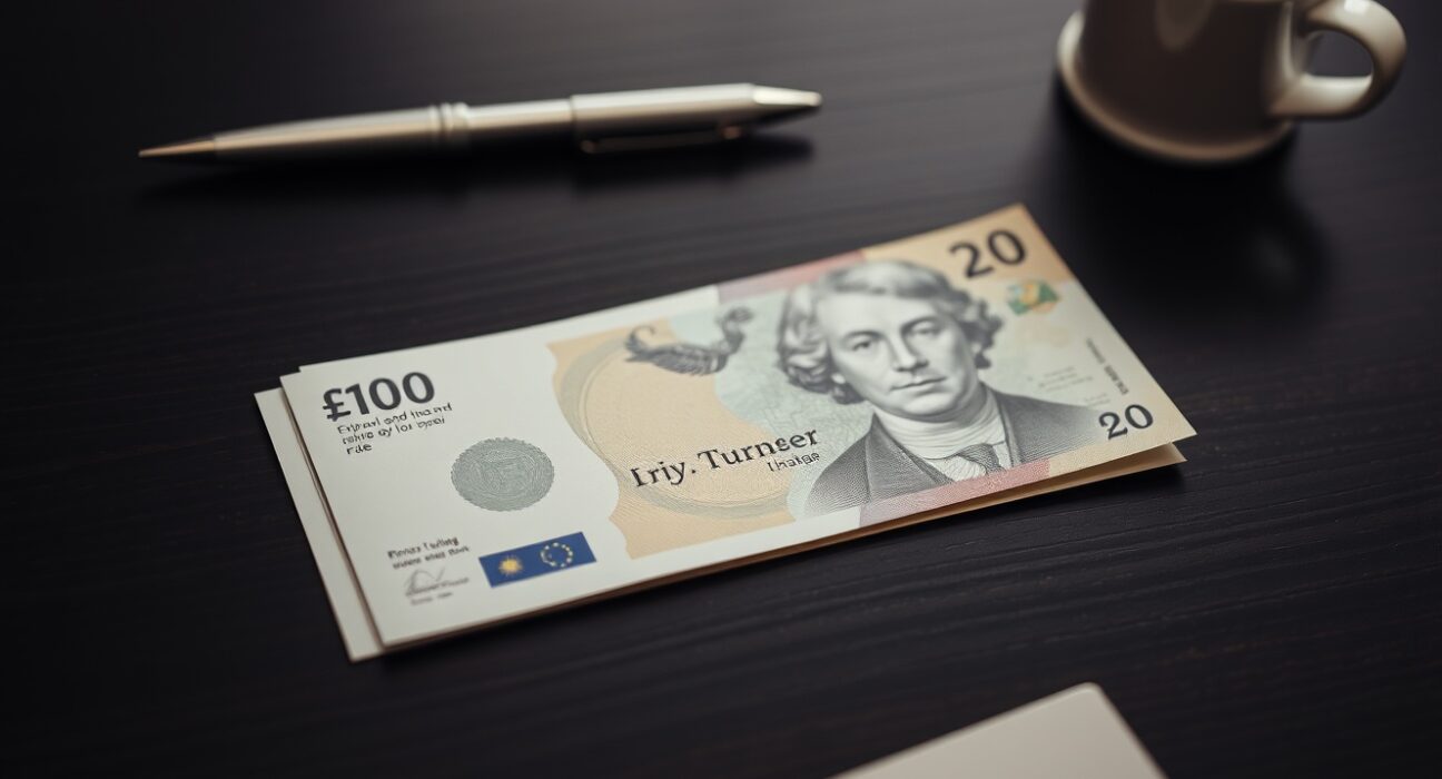 British pound and US dollar banknotes on a desk representing forex market movement.
