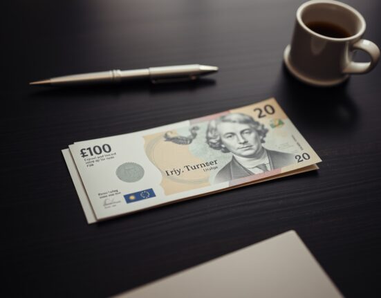 British pound and US dollar banknotes on a desk representing forex market movement.