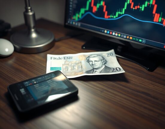 British Pound Sterling banknote on desk with smartphone and financial charts in background