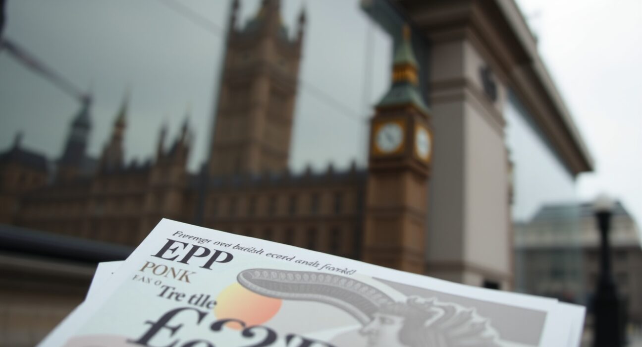 British Pound banknotes in foreground with blurred Houses of Parliament in background, representing currency under political pressure.