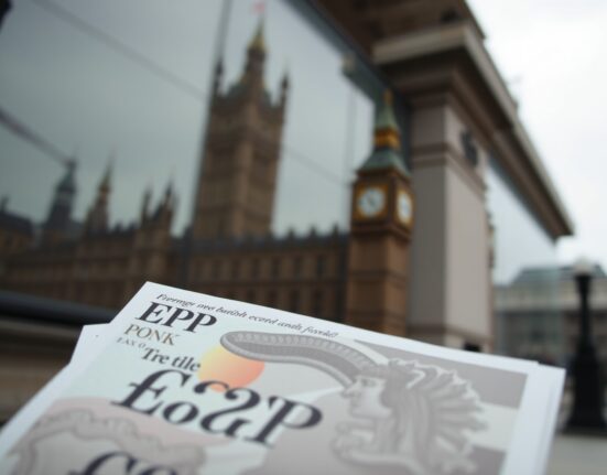 British Pound banknotes in foreground with blurred Houses of Parliament in background, representing currency under political pressure.