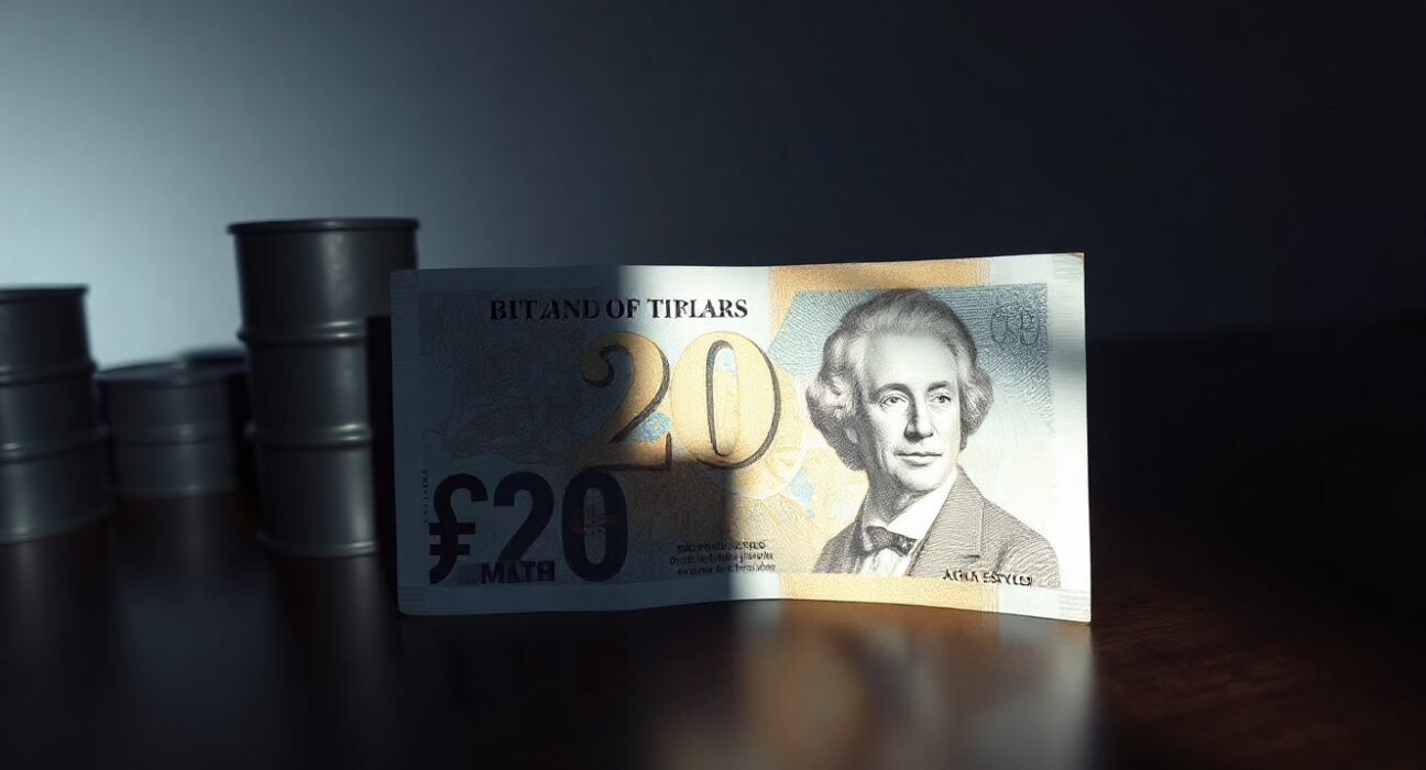 A British pound note partially covered by a shadow of a US dollar bill with an oil barrel in the background.