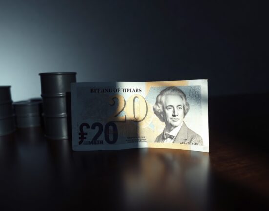 A British pound note partially covered by a shadow of a US dollar bill with an oil barrel in the background.