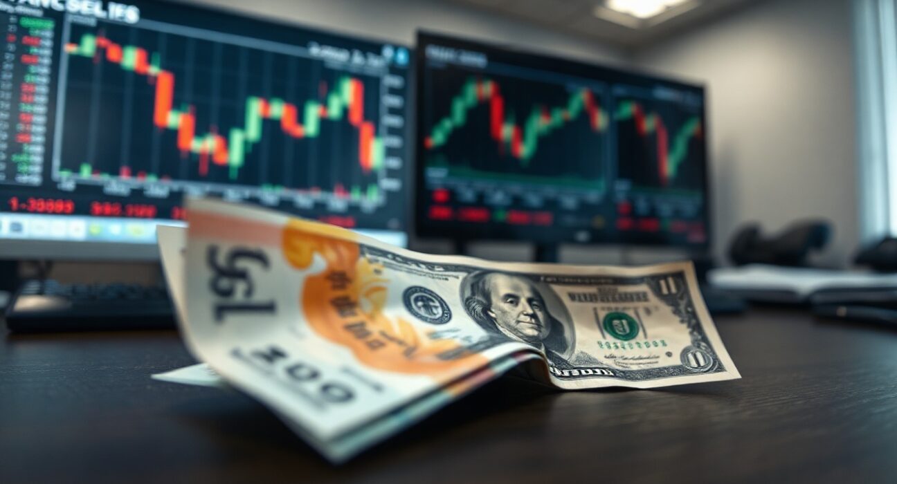 British pound and US dollar banknotes on a desk, representing currency market movements
