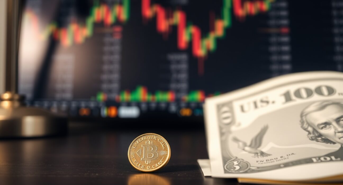 British pound coin and US dollar bill on a desk with financial charts blurred in the background