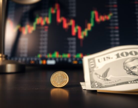 British pound coin and US dollar bill on a desk with financial charts blurred in the background
