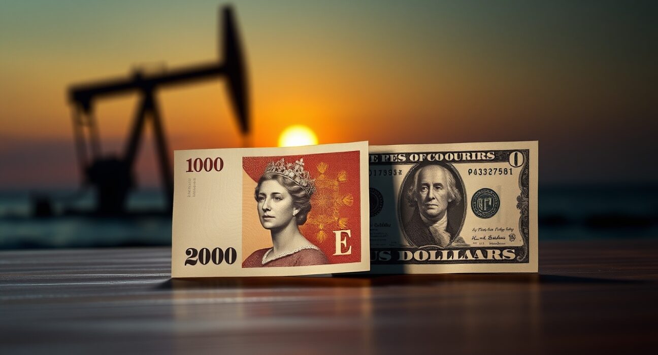 British Pound and US Dollar banknotes on desk with oil rig in background representing currency market volatility