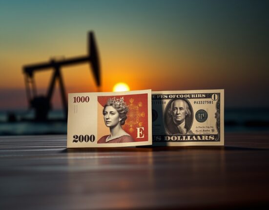 British Pound and US Dollar banknotes on desk with oil rig in background representing currency market volatility