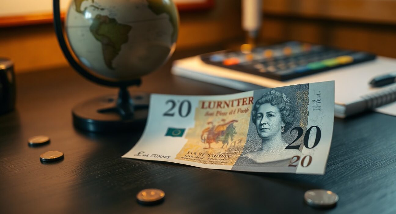 British pound banknote on desk with globe representing global currency markets