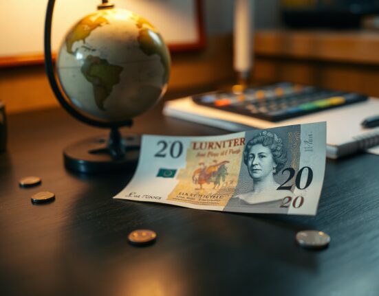 British pound banknote on desk with globe representing global currency markets