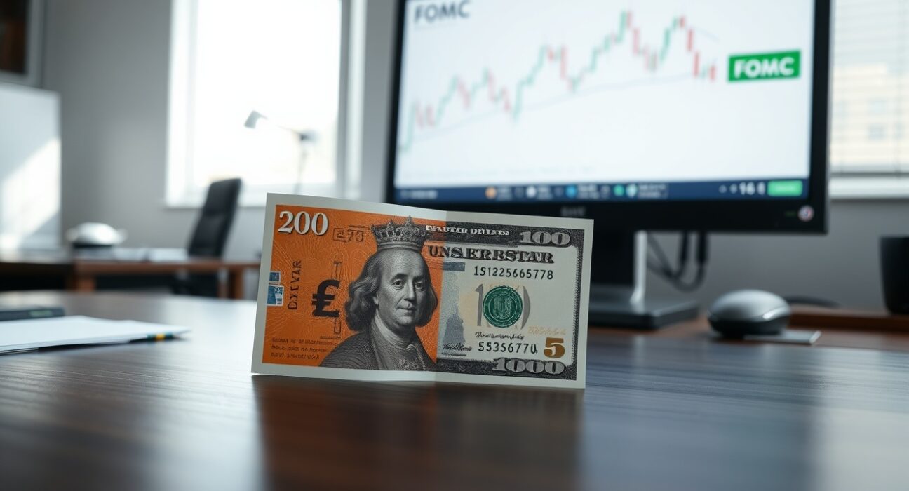 British pound and US dollar banknotes on a desk with a financial chart in the background, representing forex market analysis before the FOMC meeting.