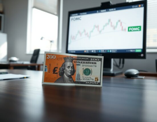 British pound and US dollar banknotes on a desk with a financial chart in the background, representing forex market analysis before the FOMC meeting.