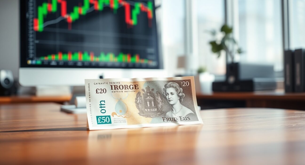 British pound banknote on a desk with a financial chart in the background, representing Sterling and UK inflation news.
