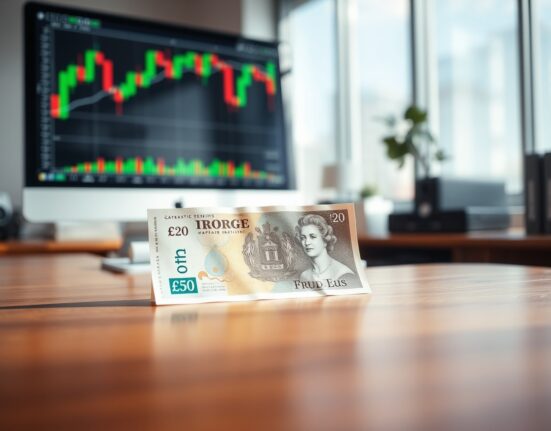 British pound banknote on a desk with a financial chart in the background, representing Sterling and UK inflation news.