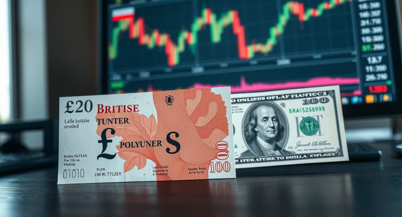 British pound and US dollar banknotes on a desk with financial charts in background