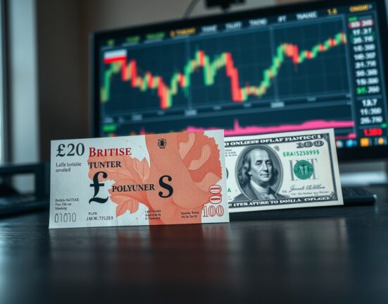 British pound and US dollar banknotes on a desk with financial charts in background