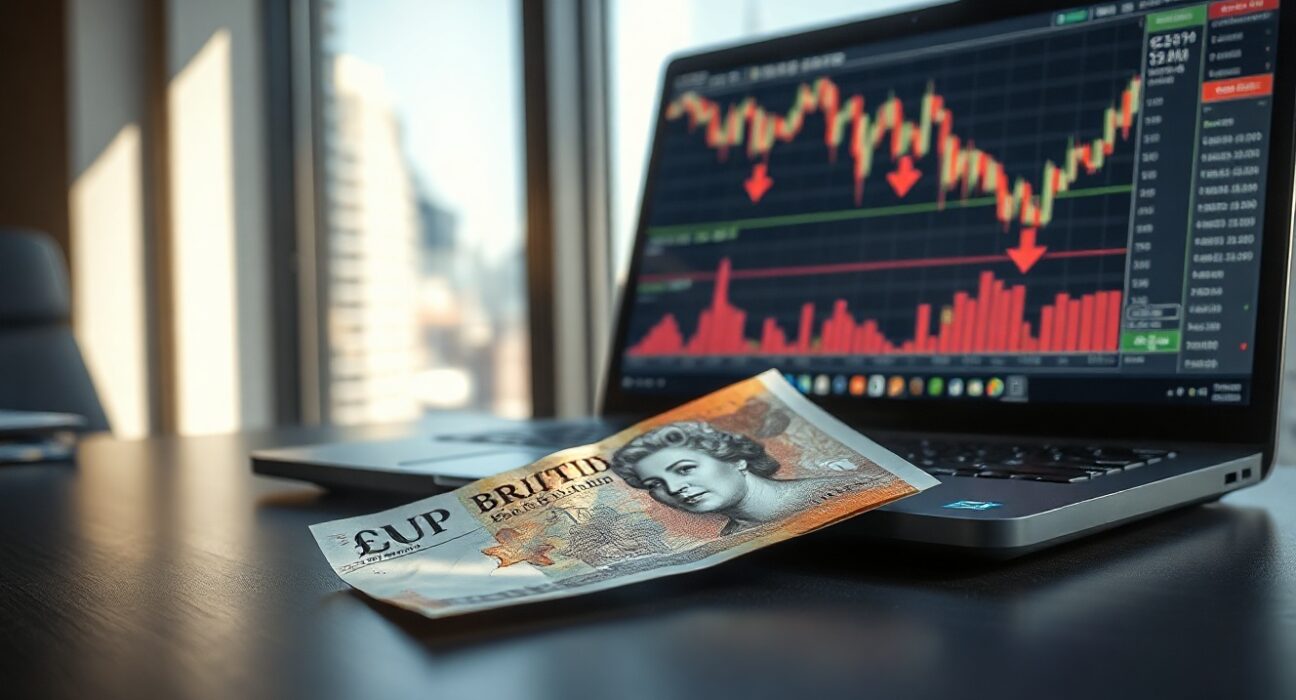 British pound banknote on a trading desk with laptop showing financial charts and red arrows.