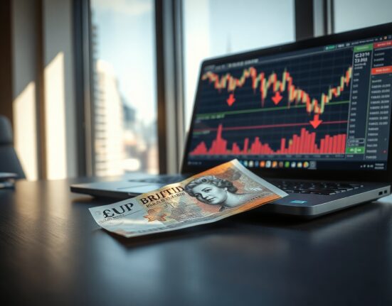 British pound banknote on a trading desk with laptop showing financial charts and red arrows.