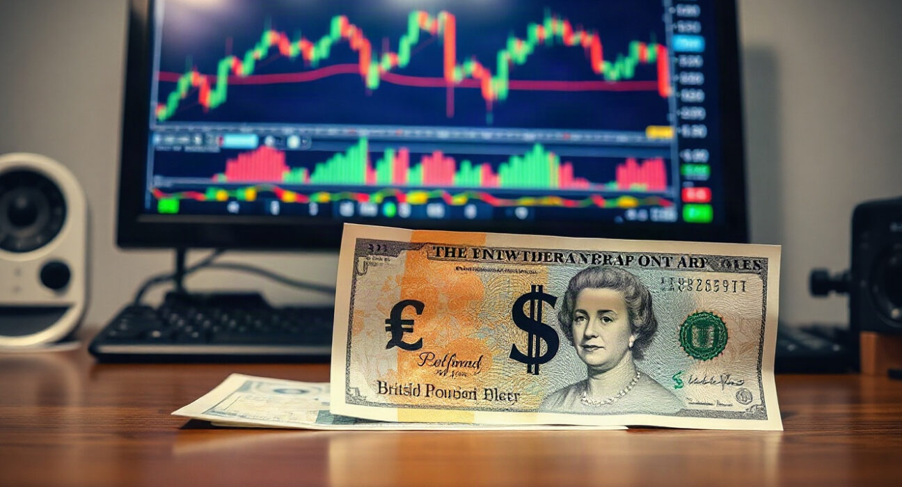 British Pound and US Dollar banknotes on a financial news desk with a trading chart in the background.