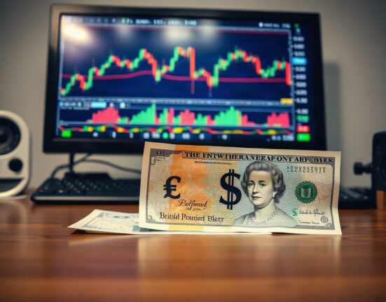 British Pound and US Dollar banknotes on a financial news desk with a trading chart in the background.