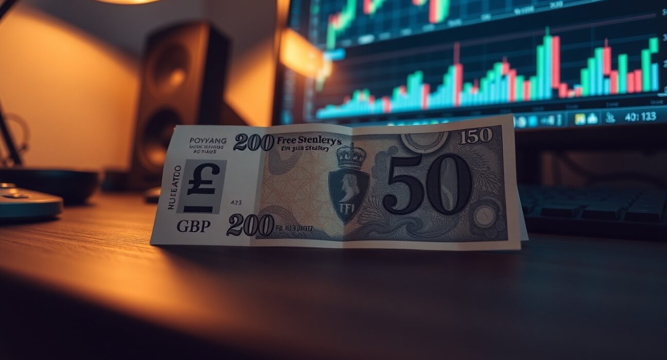 Close-up of a British 50 Pound Sterling banknote on a desk with financial charts blurred in background.