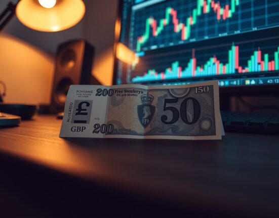 Close-up of a British 50 Pound Sterling banknote on a desk with financial charts blurred in background.