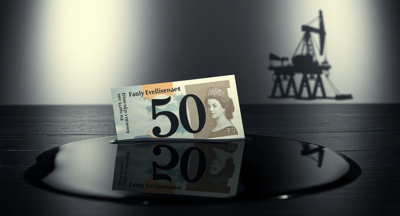 Sterling today: British pound banknote near crude oil symbolizing Iran fears and FOMC impact on GBP/USD