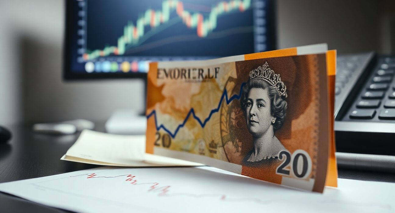 British pound banknote on a desk with a financial chart, representing Sterling's fragile gains before US payrolls data.
