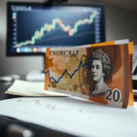 British pound banknote on a desk with a financial chart, representing Sterling's fragile gains before US payrolls data.