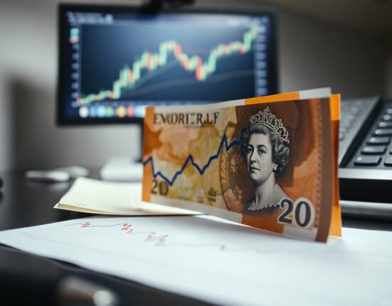 British pound banknote on a desk with a financial chart, representing Sterling's fragile gains before US payrolls data.
