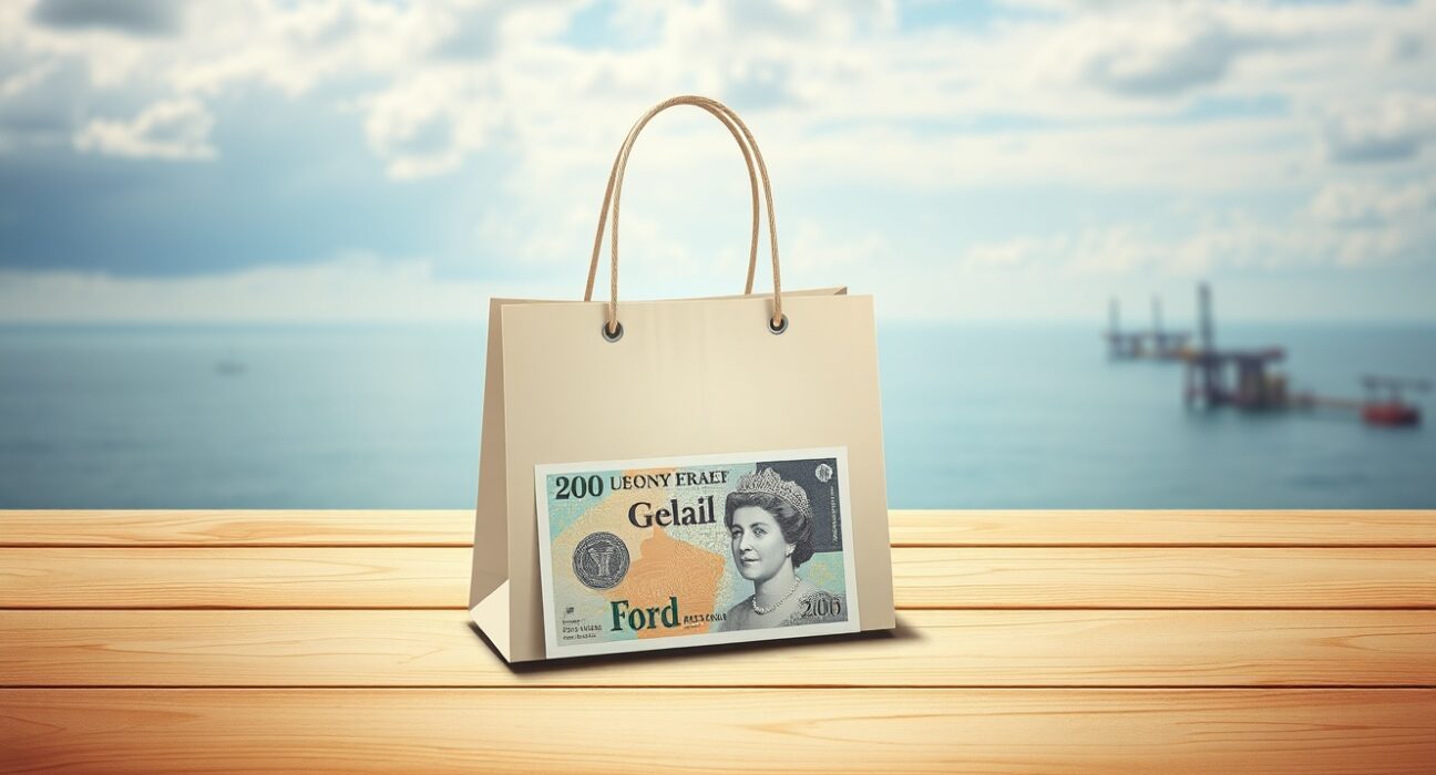 Sterling Today: A UK Pound Sterling banknote and retail shopping bag symbolizing economic resilience amid Gulf geopolitical concerns.