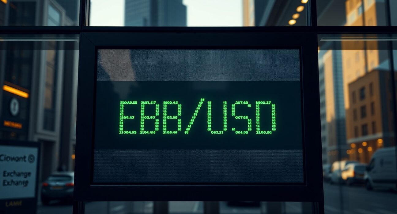 Currency exchange board showing GBP/USD rate in a financial district