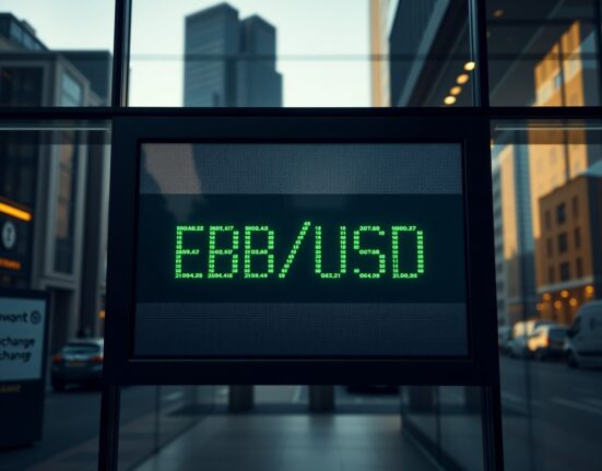 Currency exchange board showing GBP/USD rate in a financial district