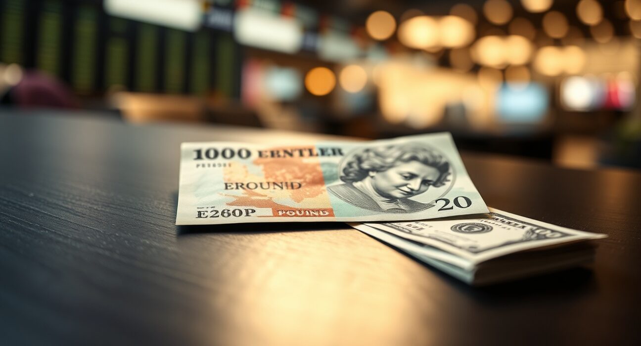 British pound and US dollar banknotes on a desk representing forex trading and currency markets.