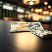 British pound and US dollar banknotes on a desk representing forex trading and currency markets.