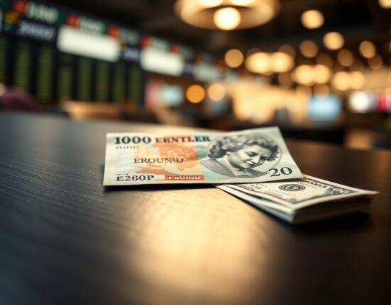 British pound and US dollar banknotes on a desk representing forex trading and currency markets.
