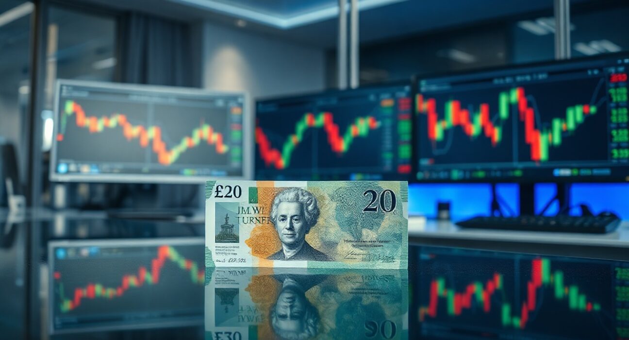 British pound banknote on a desk with trading screens in the background