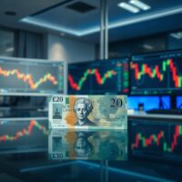 British pound banknote on a desk with trading screens in the background