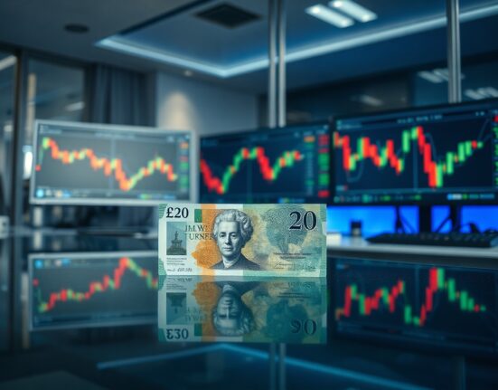 British pound banknote on a desk with trading screens in the background