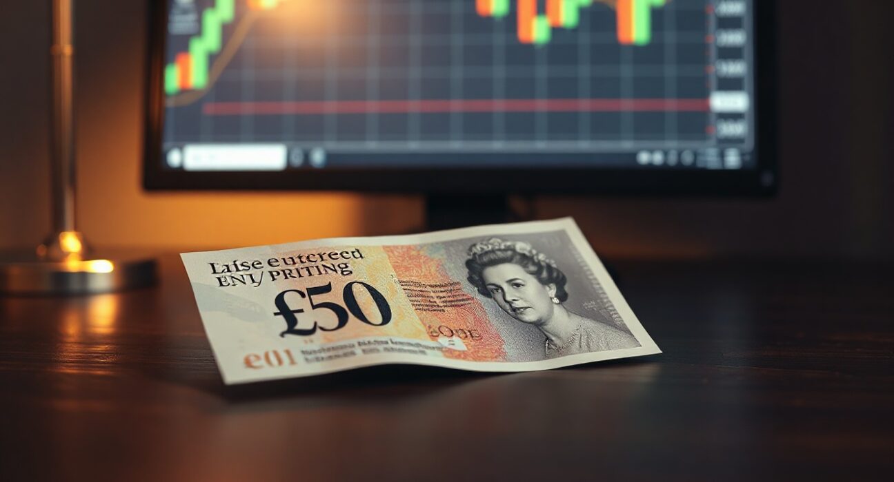 British pound note on a desk with a forex chart in the background
