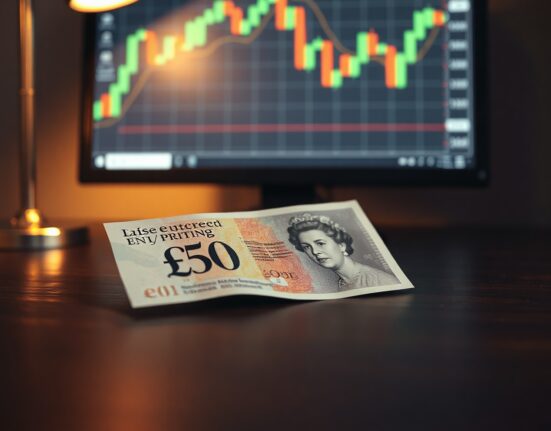 British pound note on a desk with a forex chart in the background